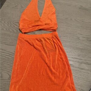 PrettyLittleThing Orange Halter Velvet Top and Skirt Set